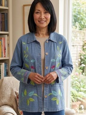 Denim & Co Light Blue Denim Jacket  Multicolor Floral Embroidery Sz S